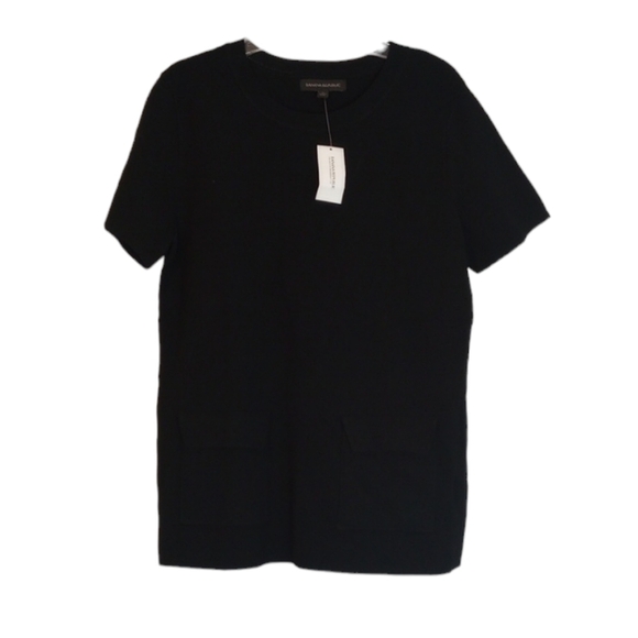 Banana Republic Womens Knit Blouse Sz M Black Pockets Crew Neck Short Sleeve - Picture 1 of 7